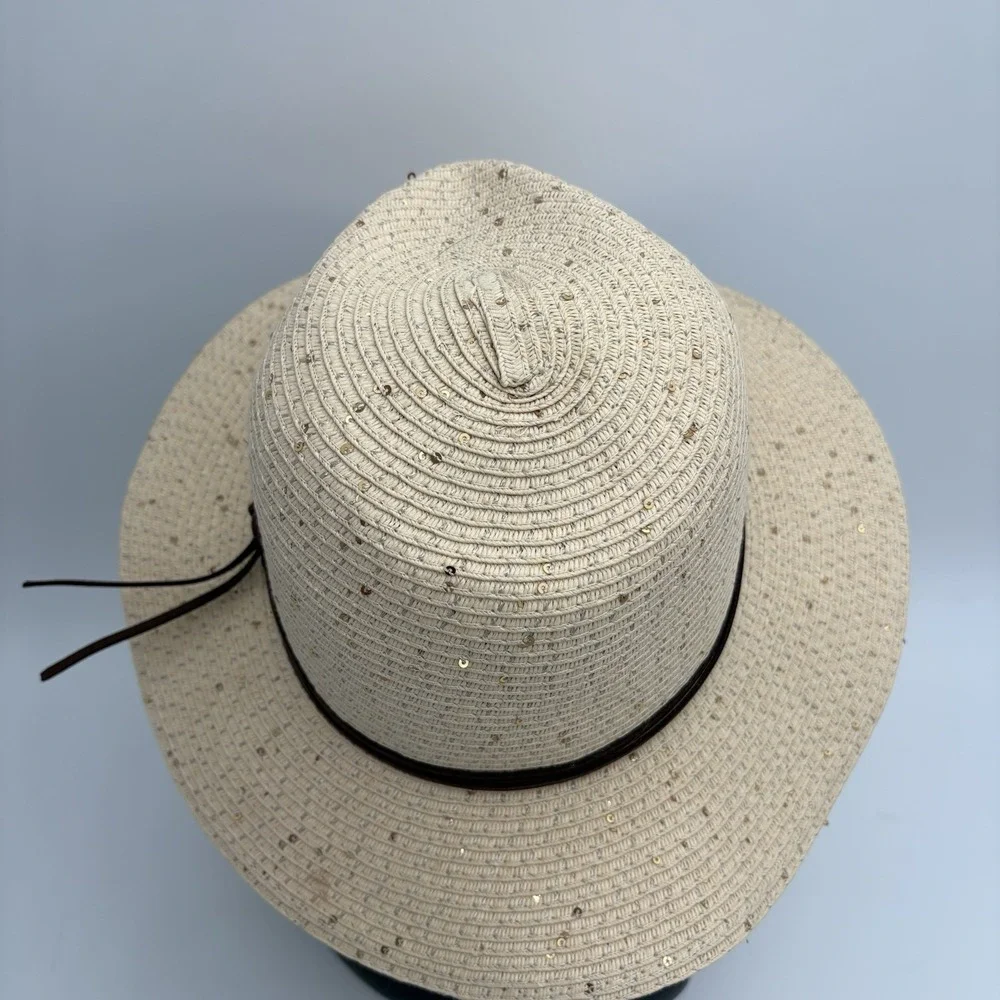 Pugs Women's Summer Straw Hat Leather Band Trim Gold Shimmer Accents